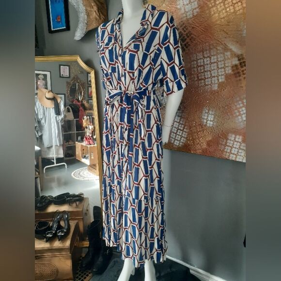 Nwot Zara Geometric Blue, Burgundy and Cream Maxi Dress - Picture 15 of 16